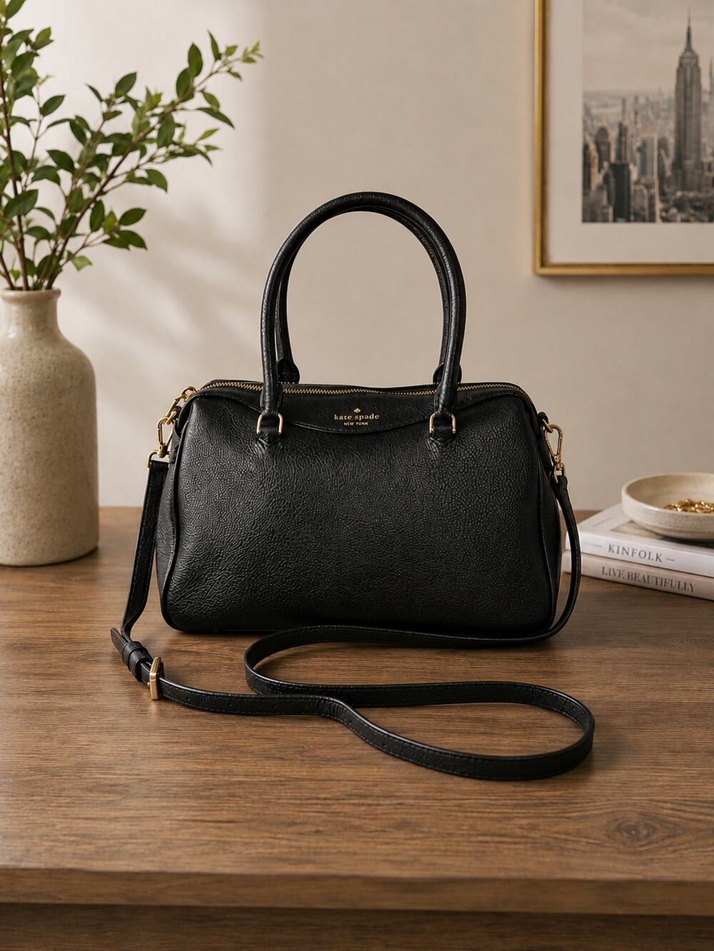 Kate Spade New York Mimi Medium Satchel Black Grain Leather Gold Hardware